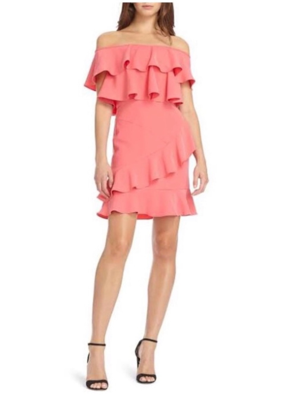 NWT Monique Lhuillier Coral Pink Off-Shoulder Ruffle Dress